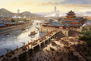 清明上河图风格中国传统古城插画