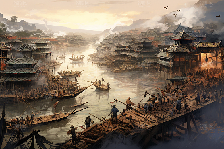 清明上河图风格古城古建筑插画