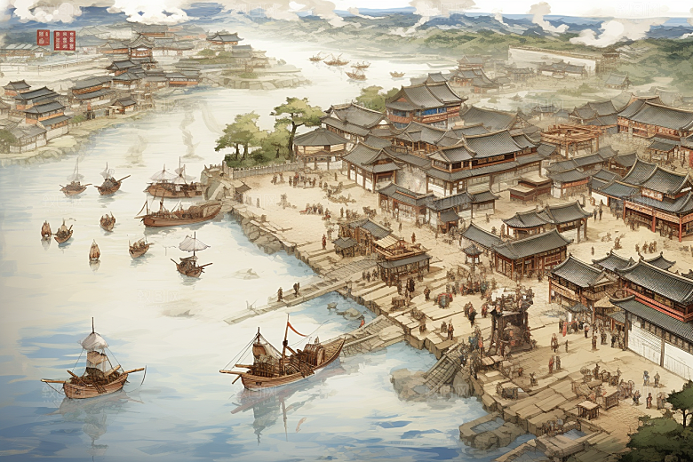 清明上河图风格水墨画卷插画