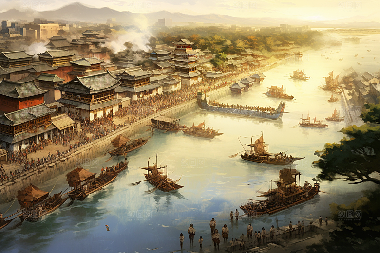 清明上河图风格古风山水插画