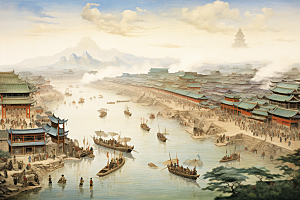 清明上河图风格中国传统古风插画