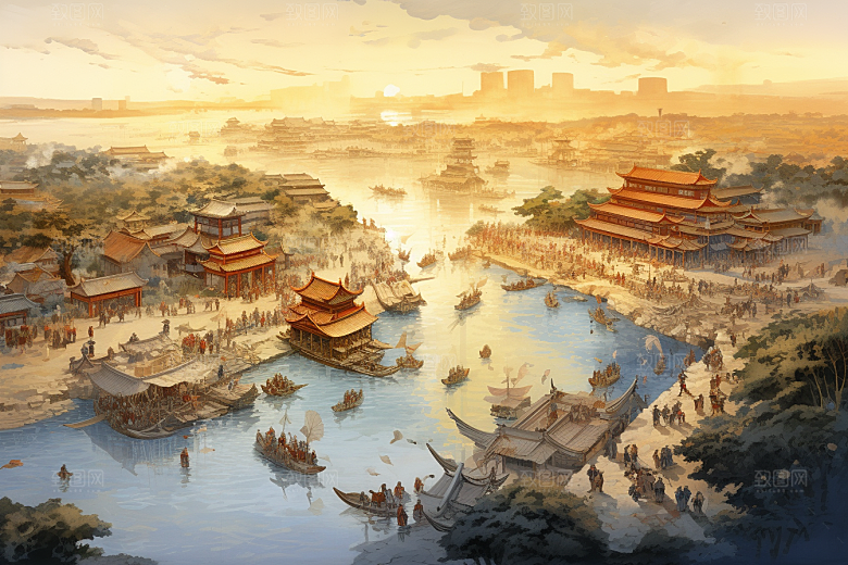清明上河图风格画卷古建筑插画