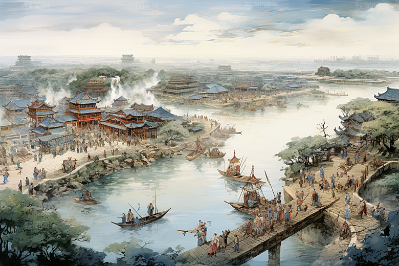 清明上河图风格水墨中国传统插画