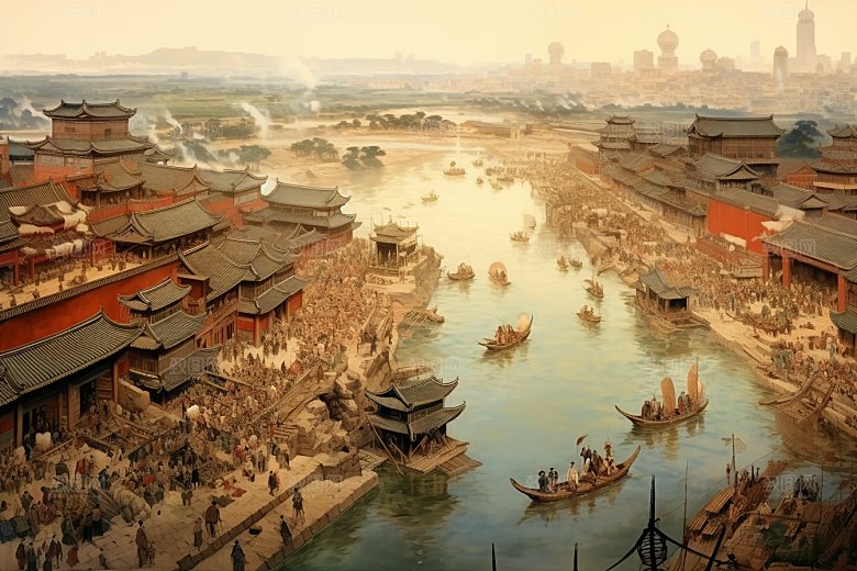 清明上河图风格高清古城插画