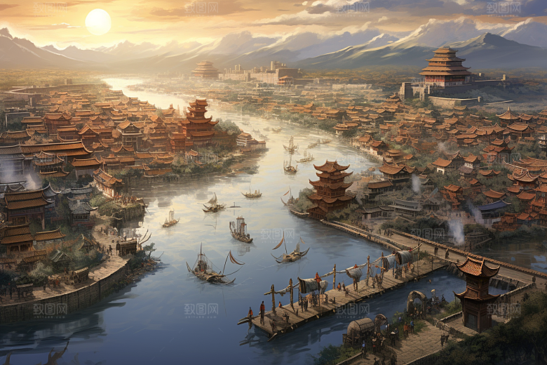 清明上河图风格高清水乡插画