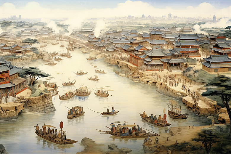 清明上河图风格中国传统山水插画