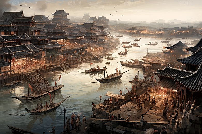 清明上河图风格高清山水插画