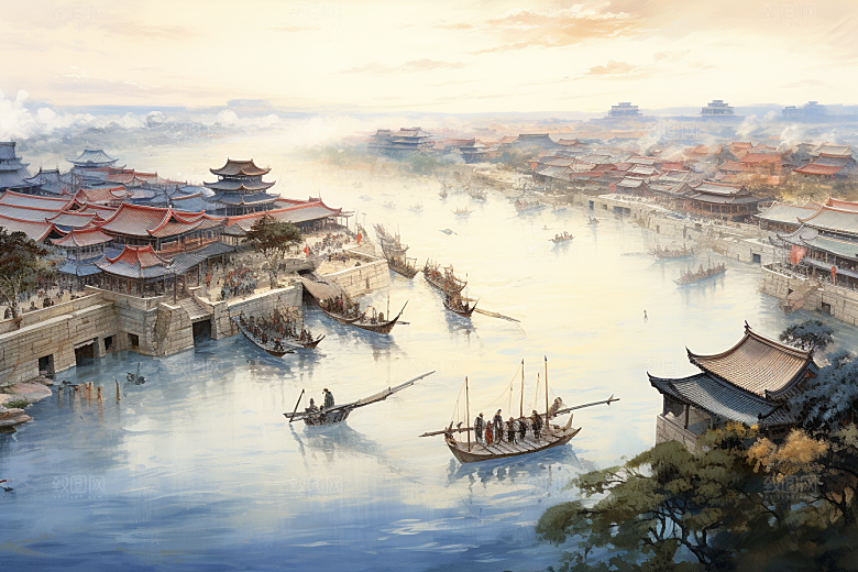 清明上河图风格中国传统古风插画