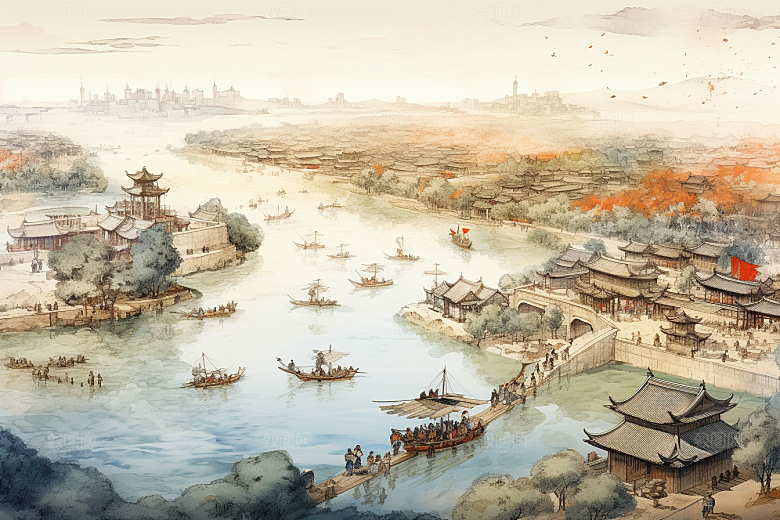 清明上河图风格画卷历史插画