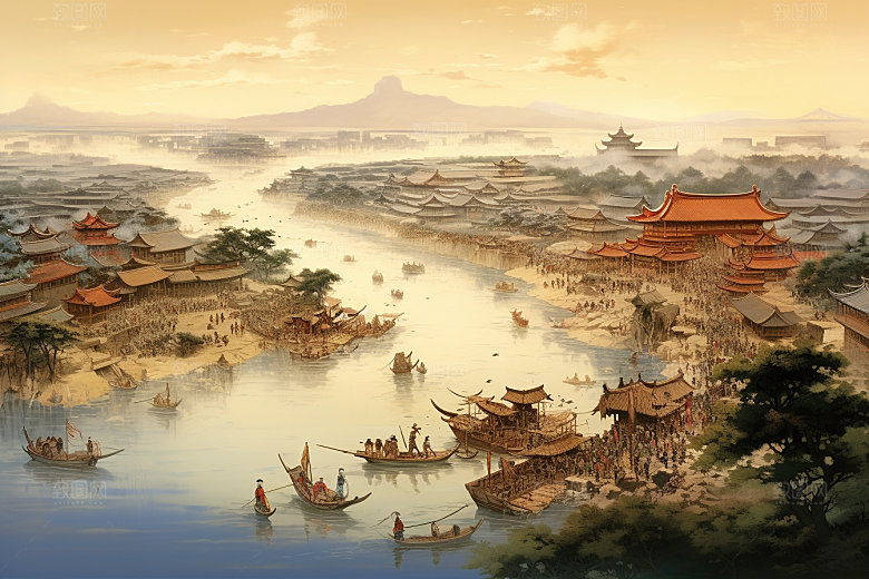 清明上河图风格画卷高清插画
