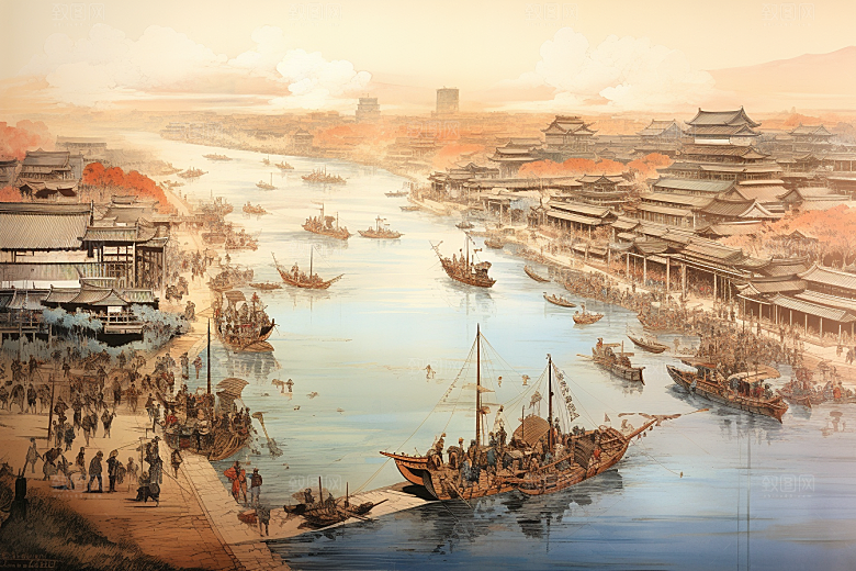 清明上河图风格水墨古风插画