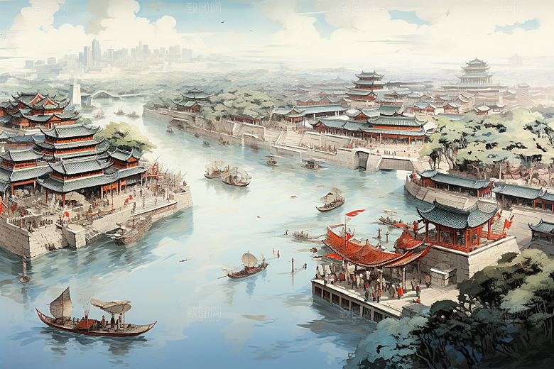 清明上河图风格山水水墨插画