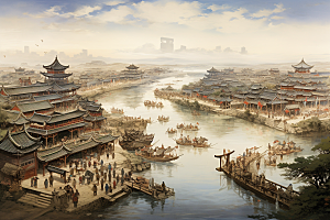 清明上河图风格中国传统水乡插画