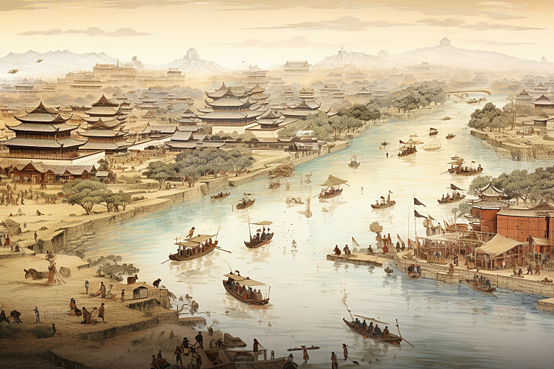 清明上河图风格山水历史插画