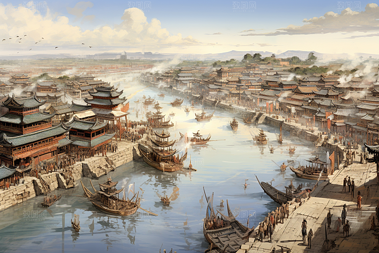 清明上河图风格画卷古建筑插画
