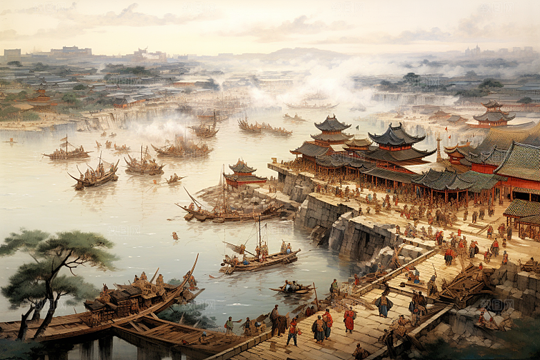 清明上河图风格古风古城插画