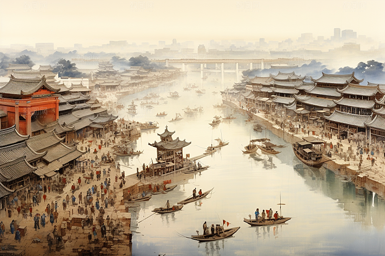 清明上河图风格水墨水乡插画