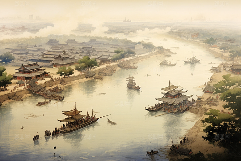 清明上河图风格古建筑古城插画