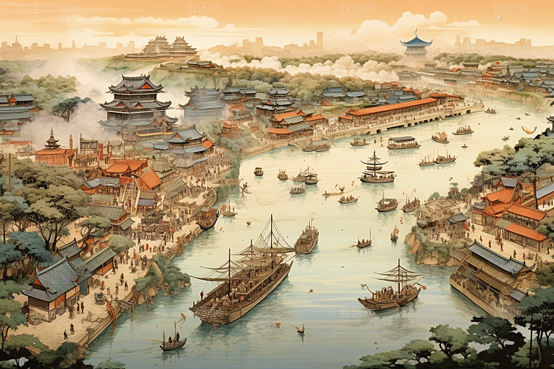 清明上河图风格古城古风插画