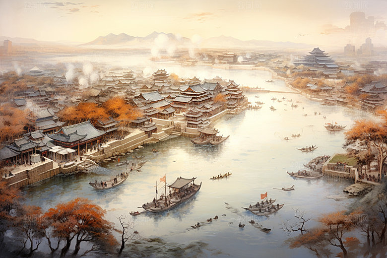 清明上河图风格画卷高清插画