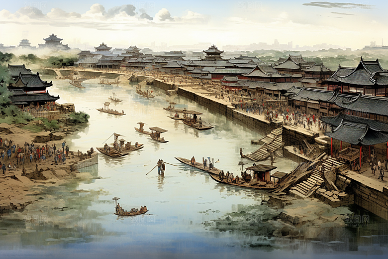 清明上河图风格历史画卷插画