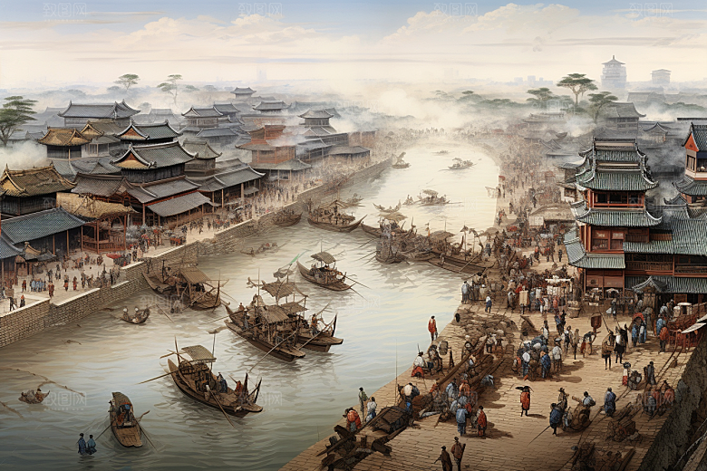 清明上河图风格古建筑古风插画