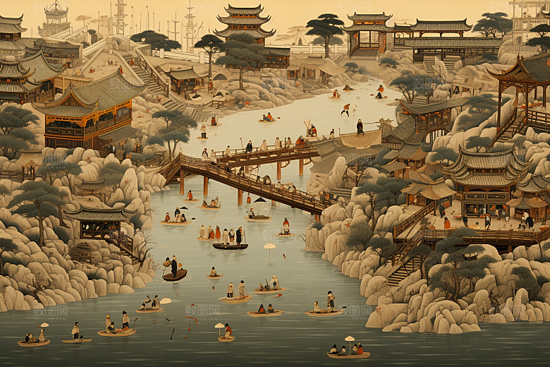 清明上河图风格高清山水插画