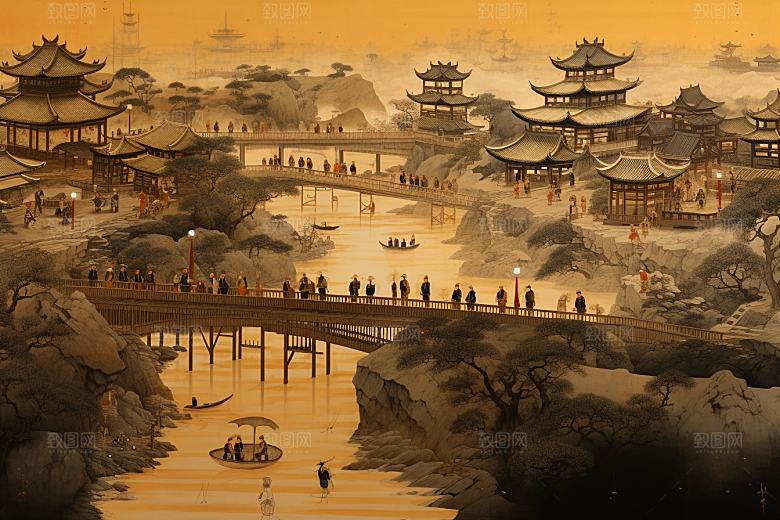 清明上河图风格画卷高清插画