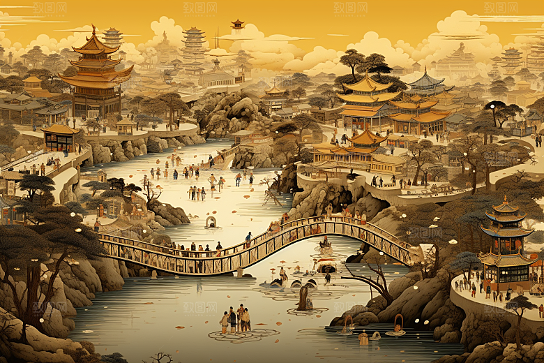 清明上河图风格山水高清插画