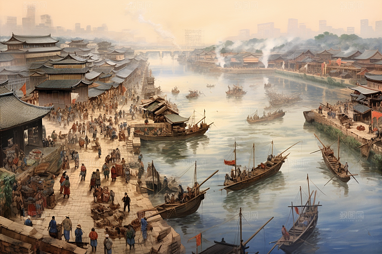 清明上河图风格古建筑高清插画