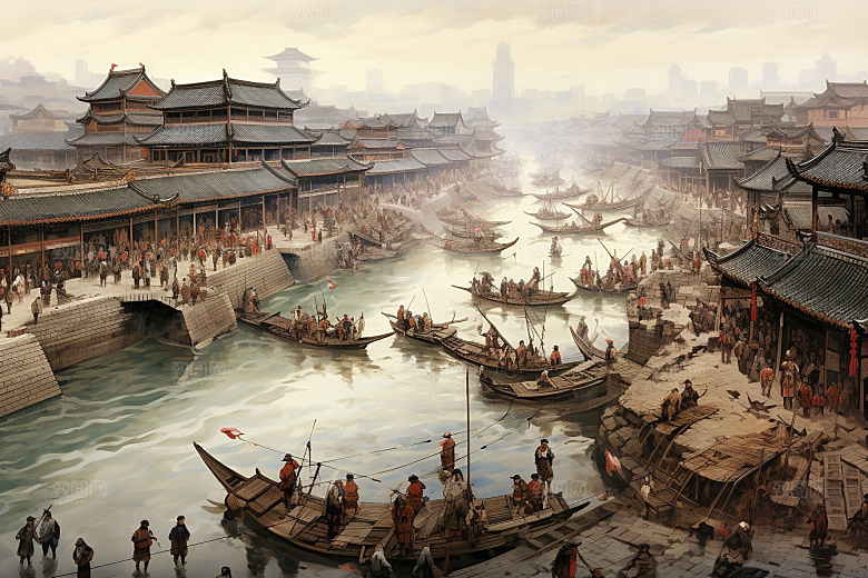 清明上河图风格画卷高清插画