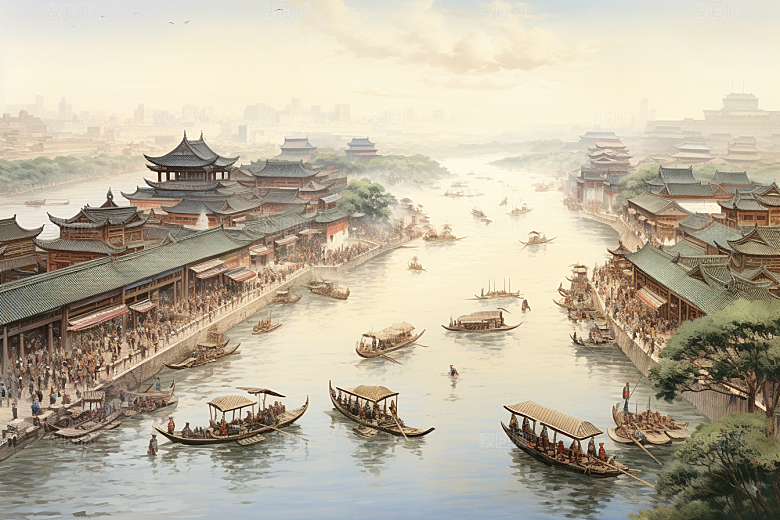 清明上河图风格水乡古建筑插画