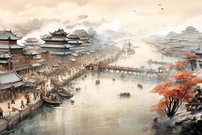 清明上河图风格古城山水插画