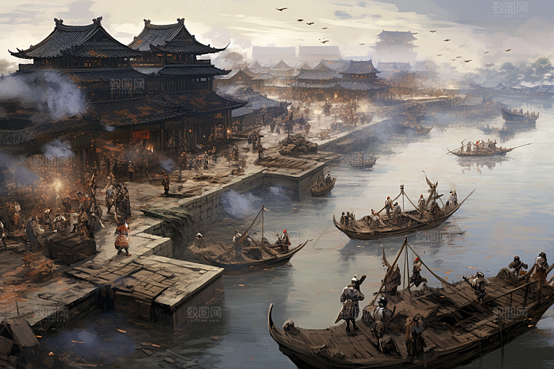 清明上河图风格古建筑历史插画