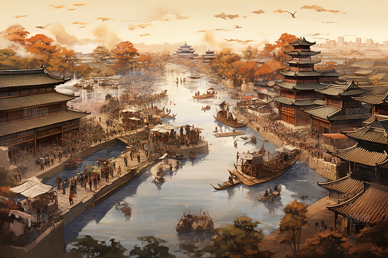 清明上河图风格水墨古城插画