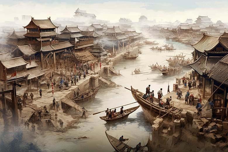 清明上河图风格古建筑中国传统插画