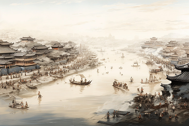 清明上河图风格古城水墨插画