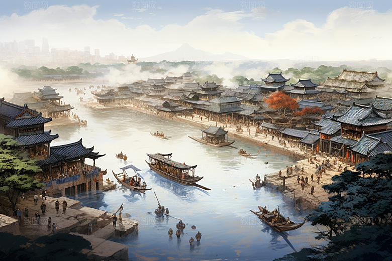 清明上河图风格古城中国传统插画