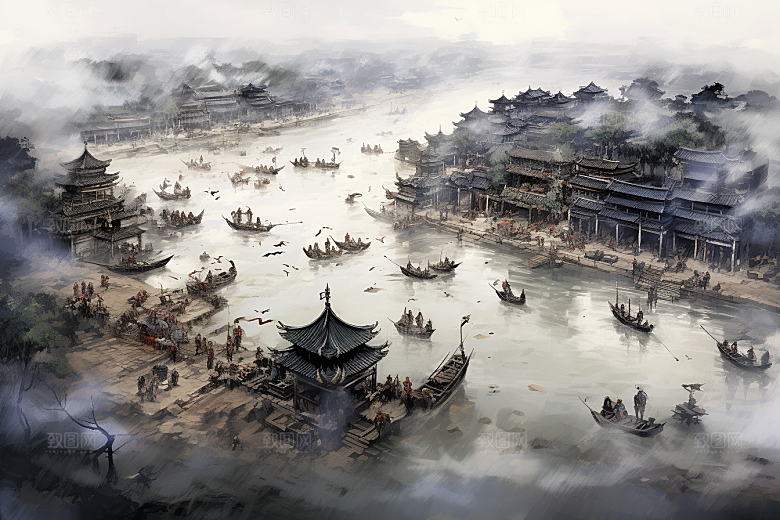 清明上河图风格古风水墨插画
