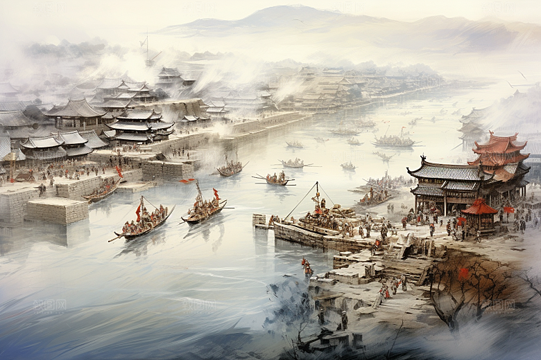 清明上河图风格画卷古建筑插画