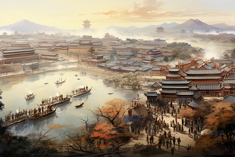 清明上河图风格山水高清插画