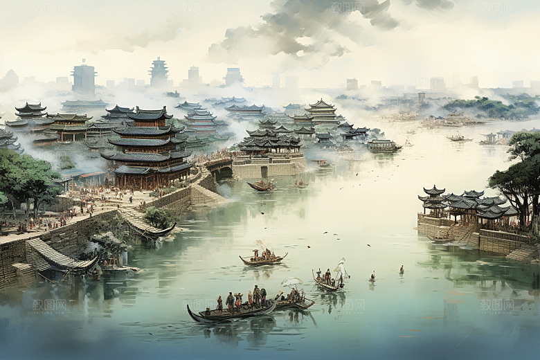 清明上河图风格古城画卷插画