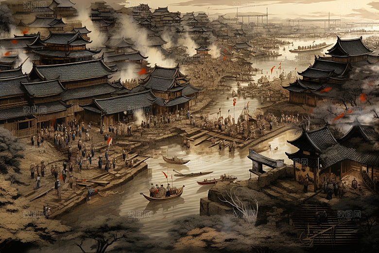 清明上河图风格山水古风插画