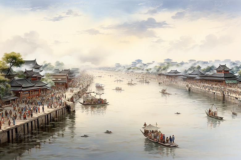 清明上河图风格水墨古建筑插画