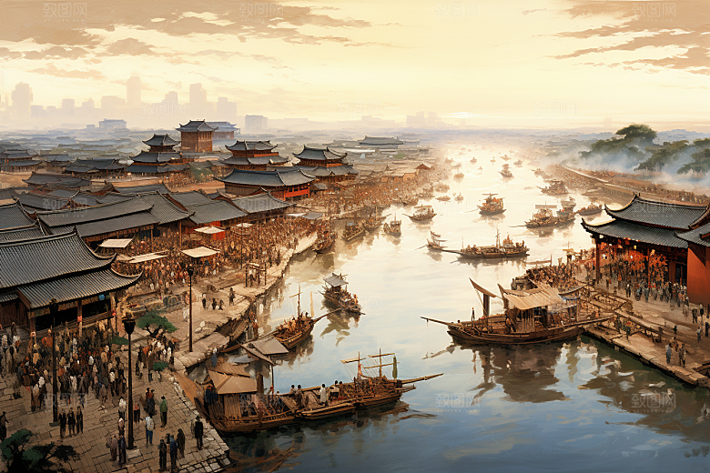 清明上河图风格画卷古建筑插画