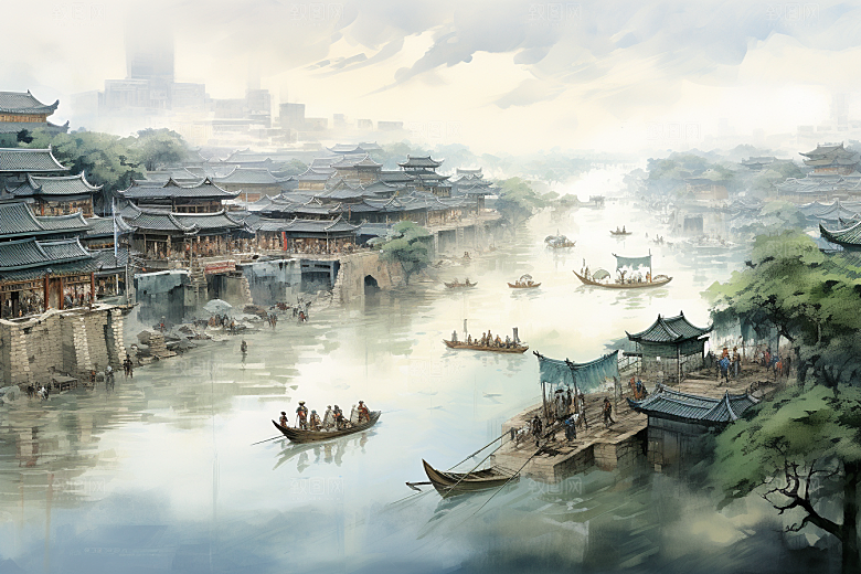 清明上河图风格山水中国传统插画