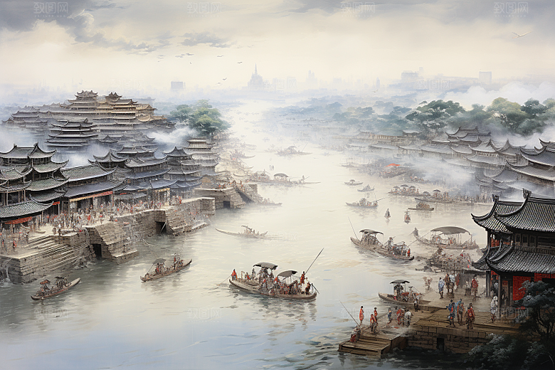 清明上河图风格古城历史插画