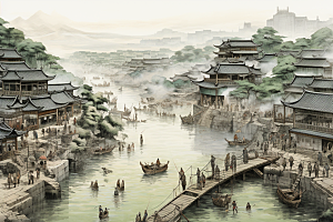 清明上河图风格古建筑中国传统插画