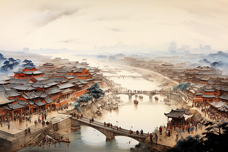 清明上河图风格水墨历史插画