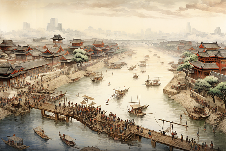 清明上河图风格水墨画卷插画